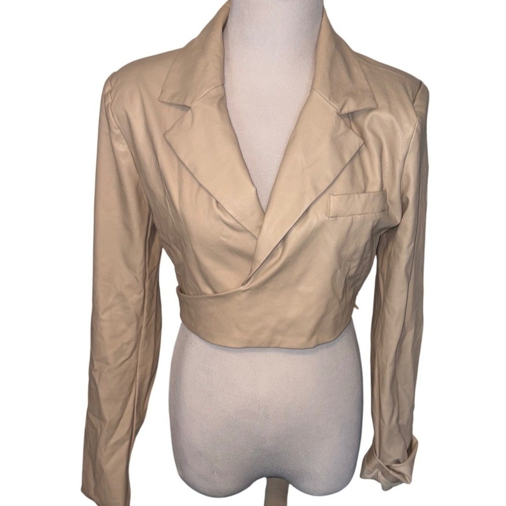 Naked Wardrobe Cropped Blazer M Tan Beige Faux Leather Vegan‎ Wrap Tie Moto Chic